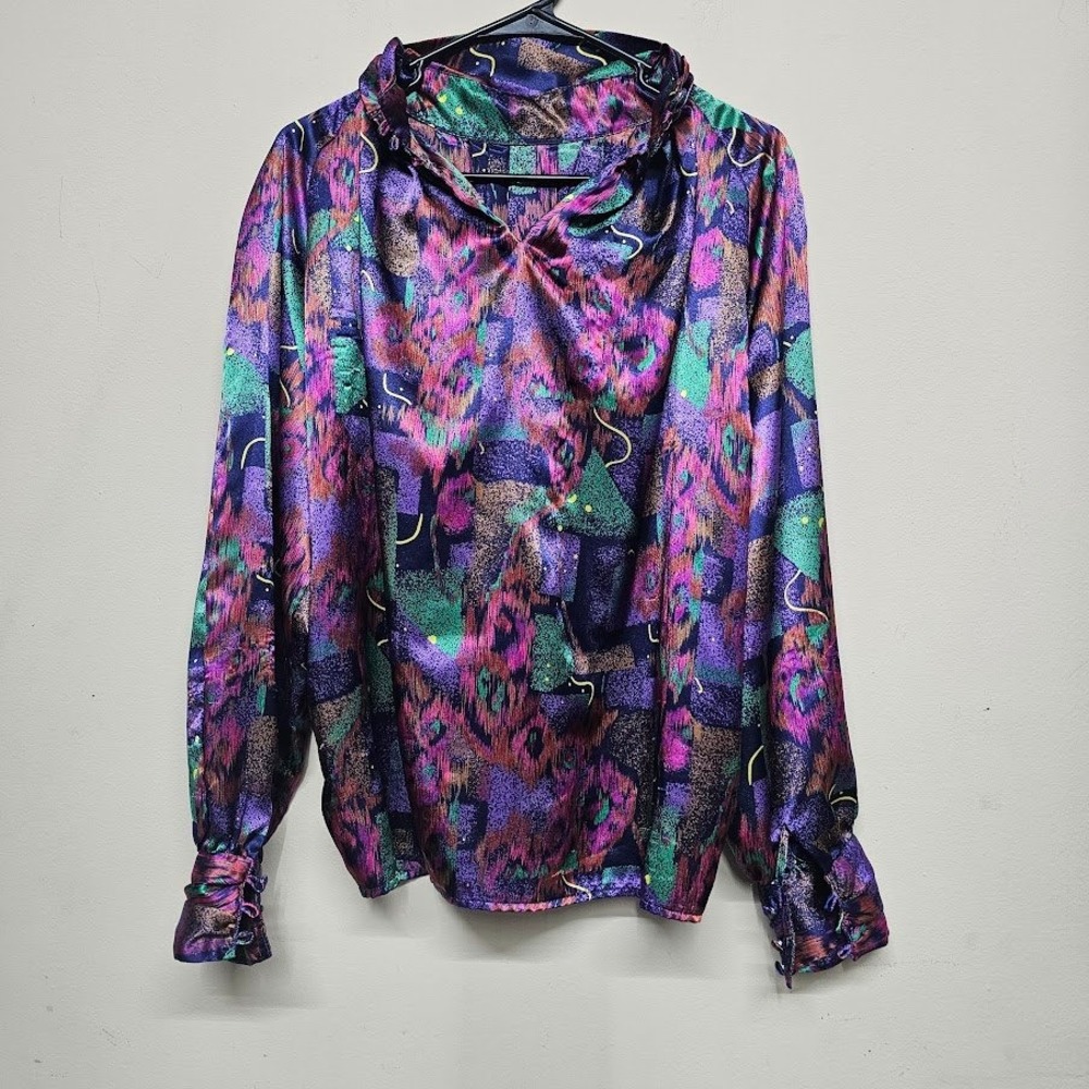 Vintage Worthington Satin Blouse‎ Long Sleeve Jewel Tone Pattern Women Size M